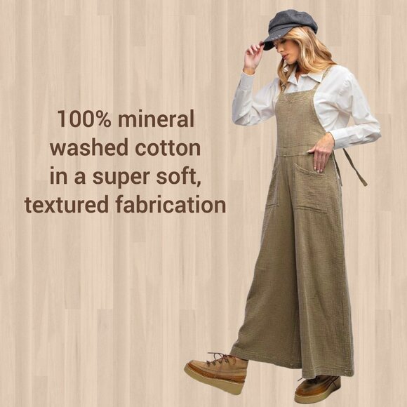 EASEL "Here I Am" Mineral Washed Wide Leg Jumpsuit Adjustable Tie Straps Pockets - Picture 6 of 16